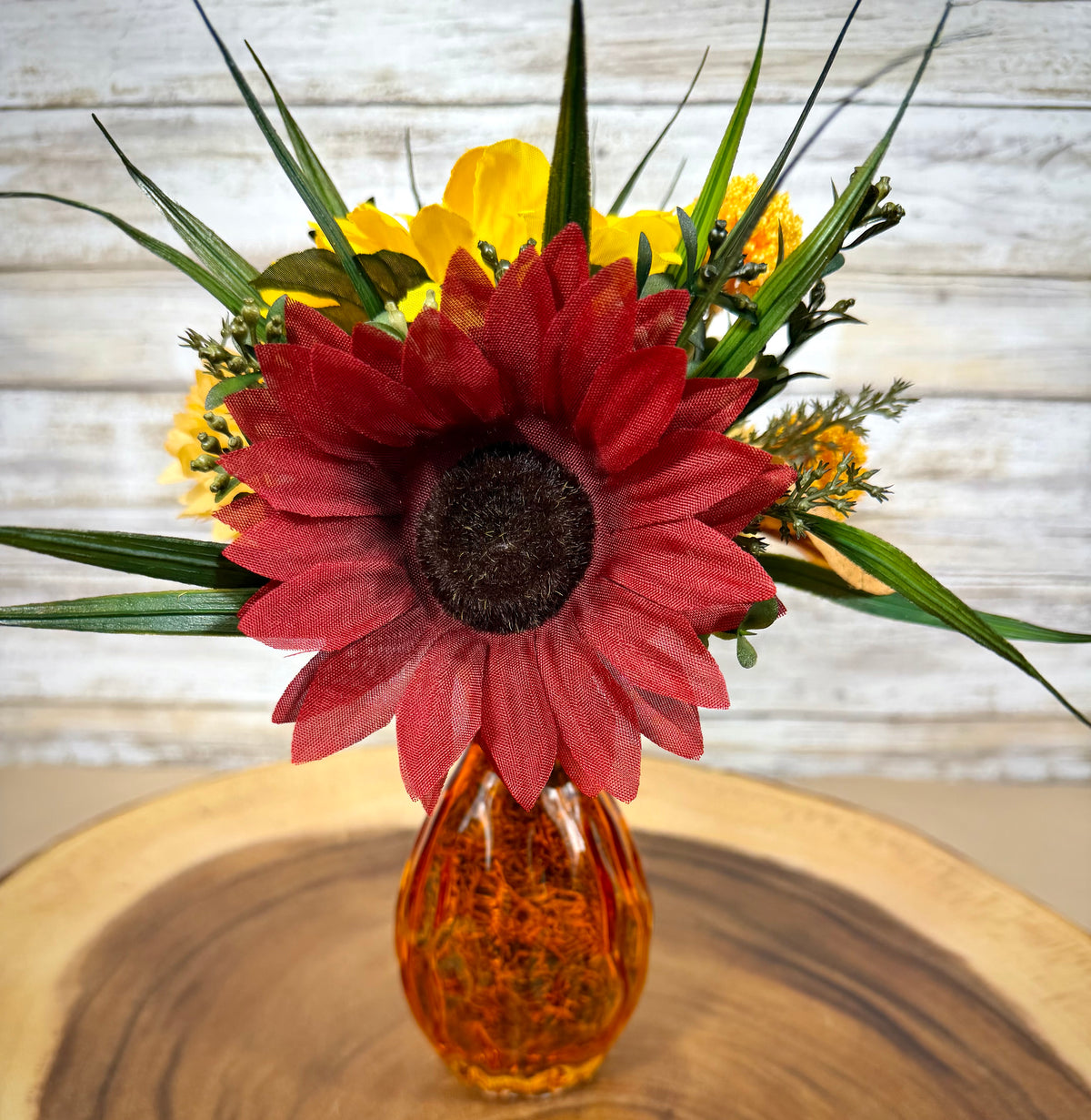 Fall Floral Arrangement | Yellow Gerbera Daisy & Orange Glass Vase