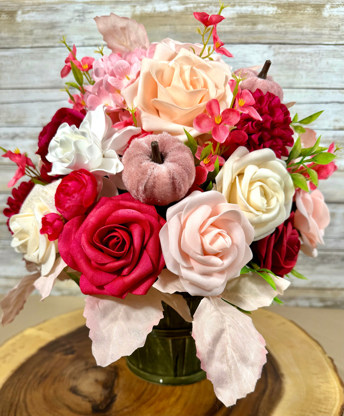 Fall Rose Floral Arrangement | Burgundy & Blush Foam Roses