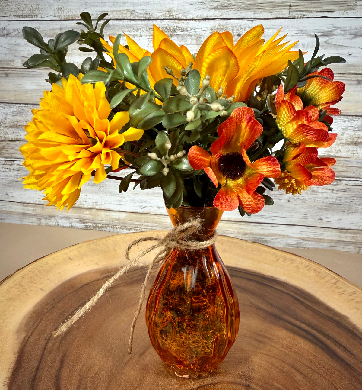 Small Fall Sunflower Floral Arrangement | Orange Glass Vase