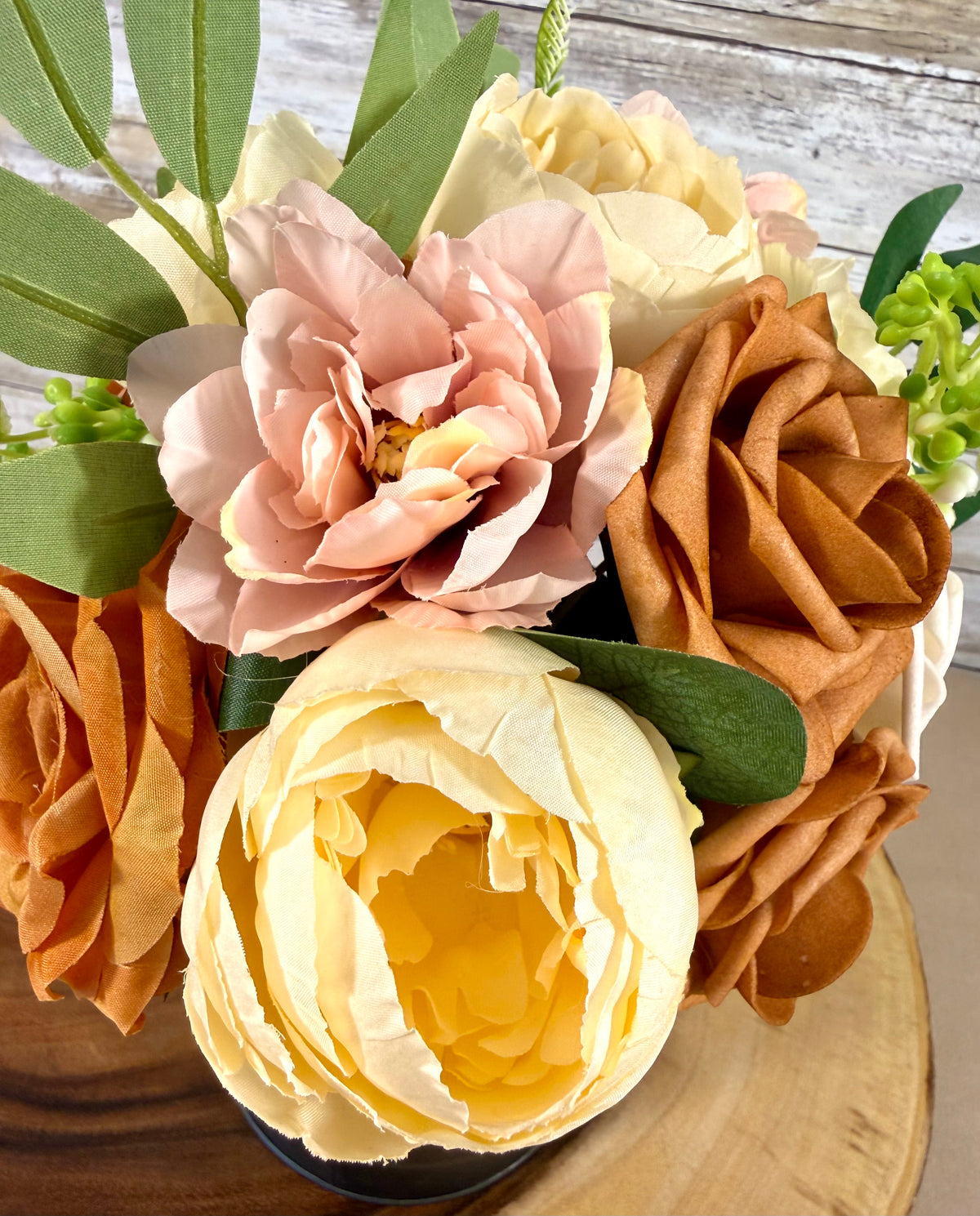Handmade Floral Arrangement – Cream & Blush Roses, Black Metal Milk Can