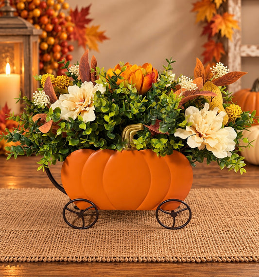 Fall Pumpkin Carriage Floral Arrangement – Autumn Flowers & Farmhouse Decor