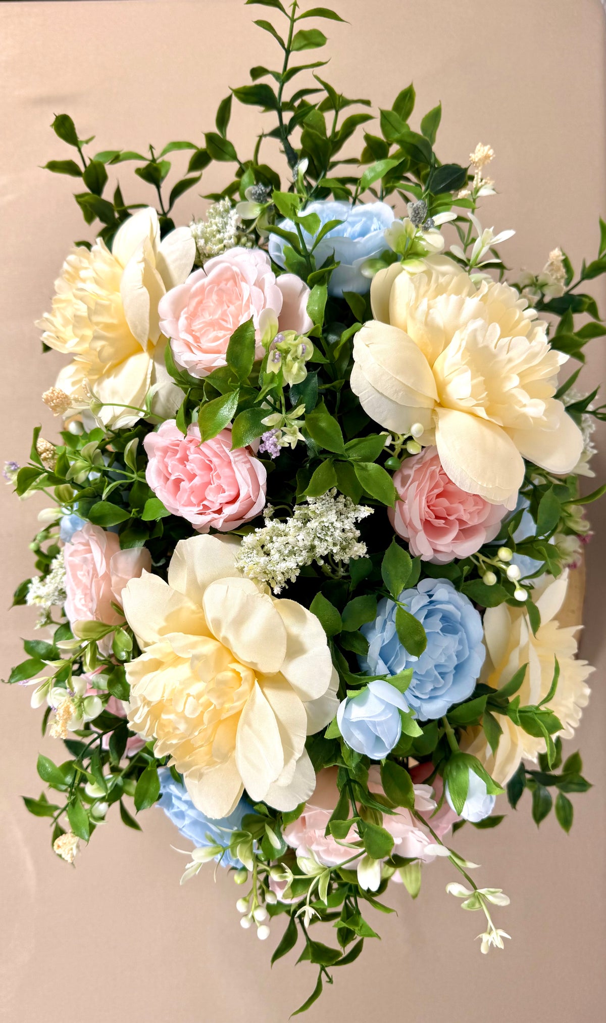 Handmade Floral Arrangement – Pastel Peonies & Garden Roses, Rustic Wooden Crate