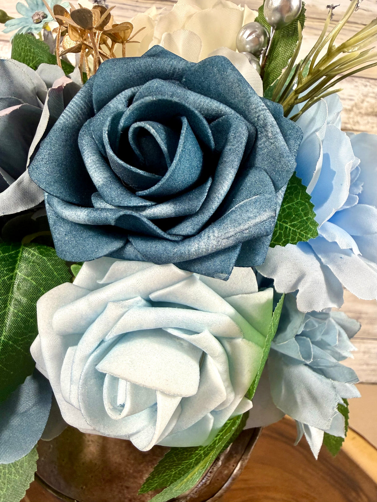 Blue & White Floral Arrangement in Rust Metal Container