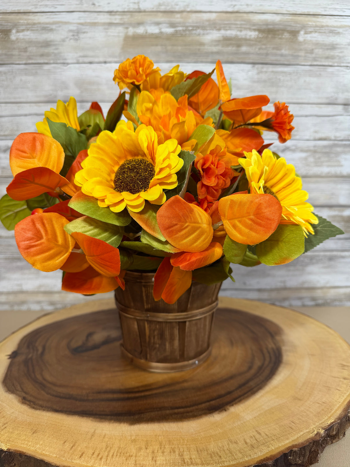 Fall Sunflower Floral Arrangement | Rustic Light Brown Basket
