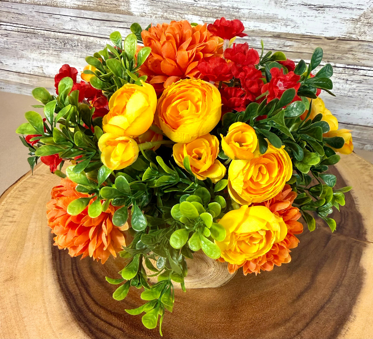 Orange & Yellow Handmade Floral Arrangement – Rustic Wooden Base