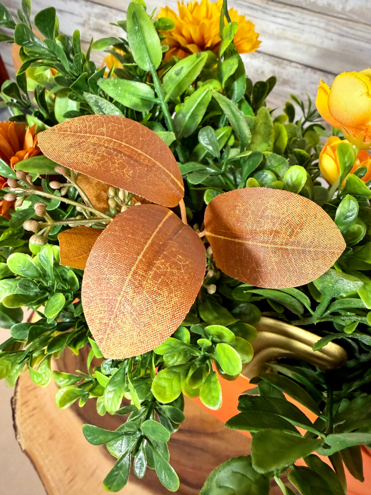 Pumpkin Carriage Fall Floral Arrangement – Orange Artificial Flowers & Greenery