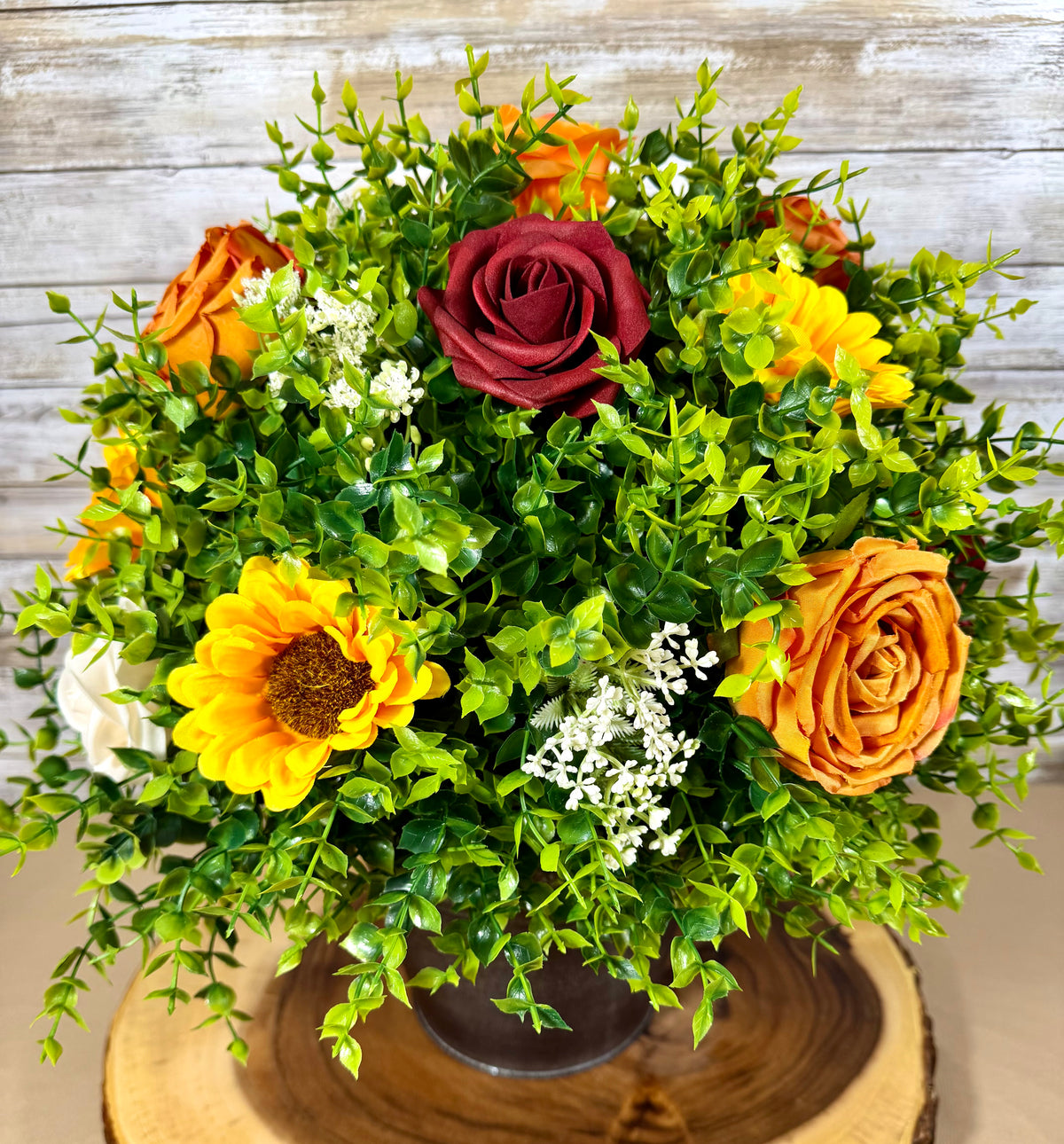 Large Fall Sunflower & Rose Arrangement | Metal Bucket