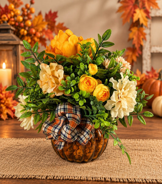 Fall Pumpkin Floral Arrangement – Autumn Flowers & Plaid Bow