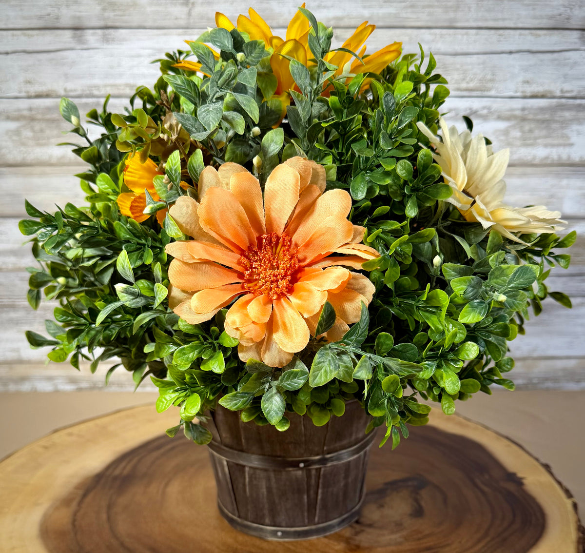 Fall Floral Arrangement in Rustic Gray Basket