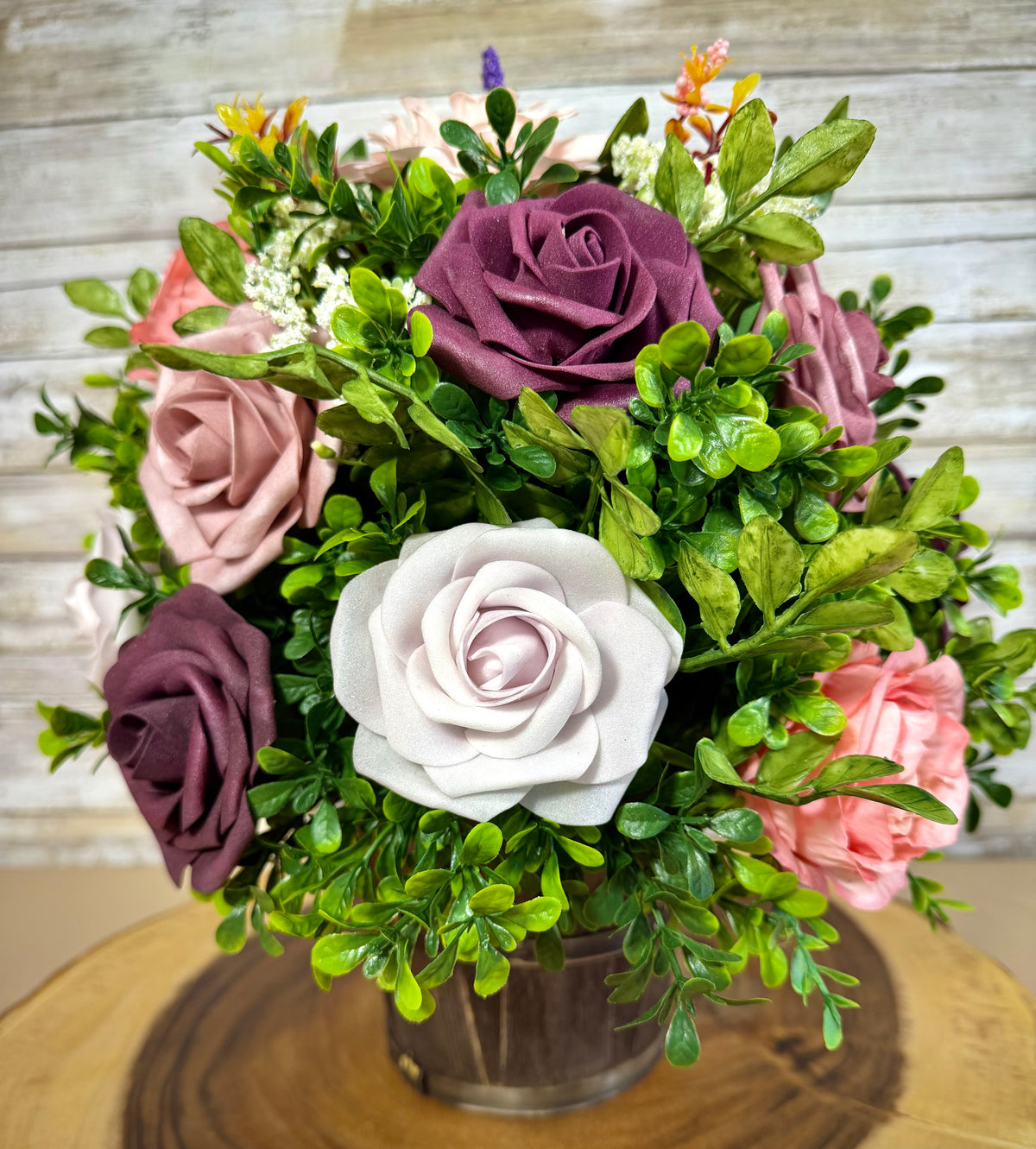 Handmade Purple & Gray Floral Arrangement – Rustic Bucket Decor