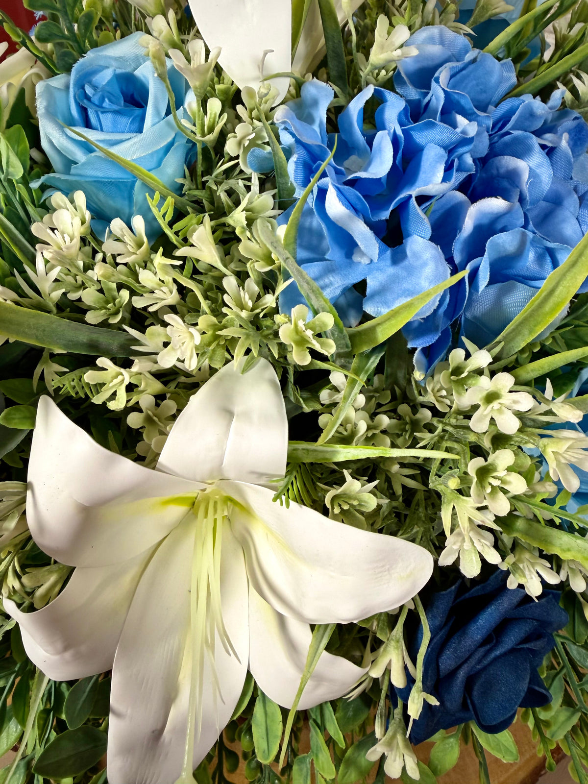 Blue & White Floral Arrangement – Handmade Lily & Rose Centerpiece
