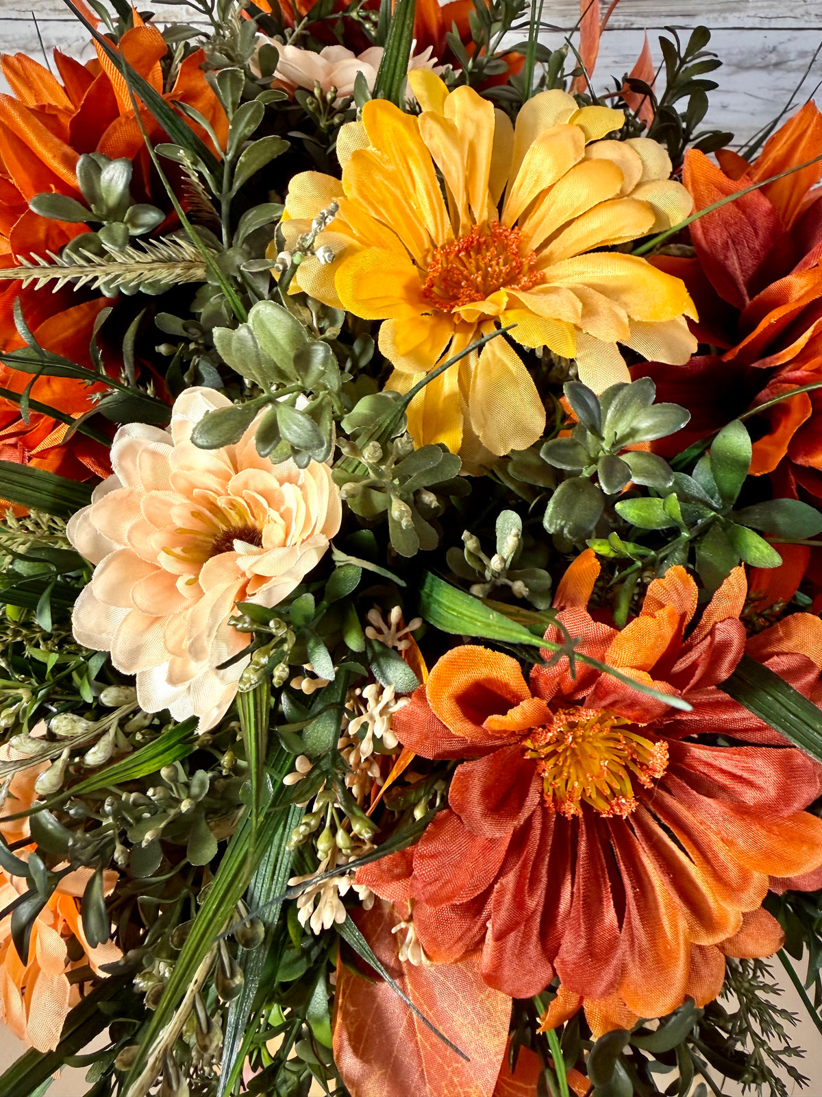 Fall Chrysanthemum Arrangement | Orange & Yellow Wheelbarrow