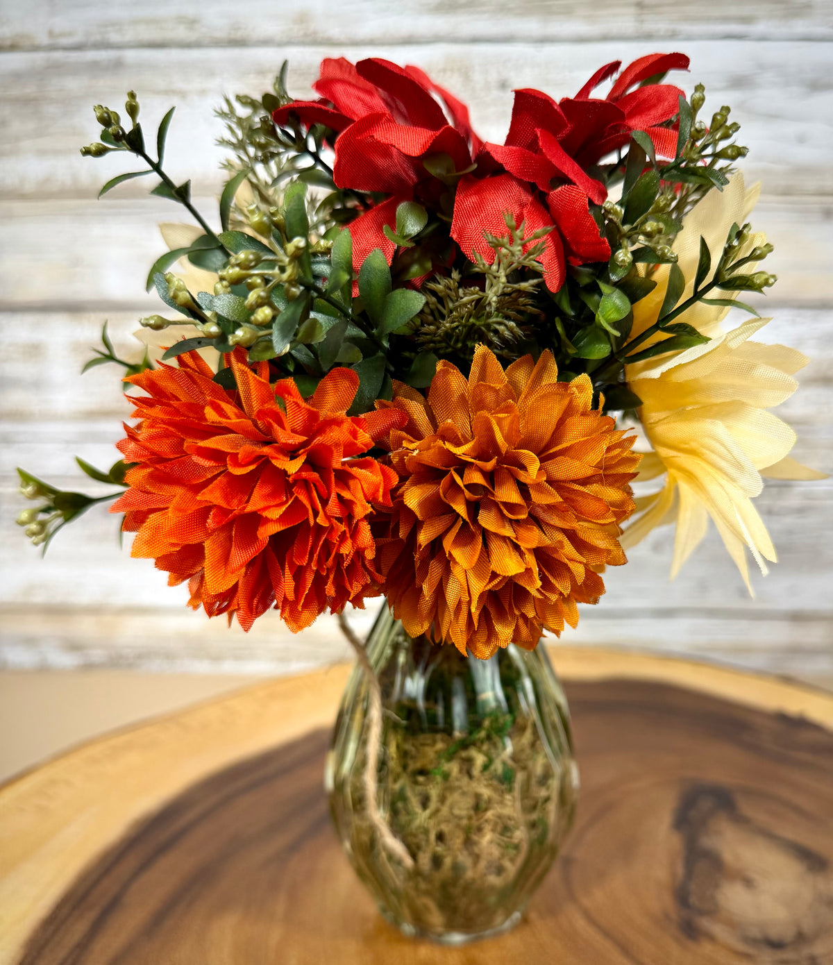 Small Fall Floral Arrangement | Red Gerber Daisy & White Sunflowers