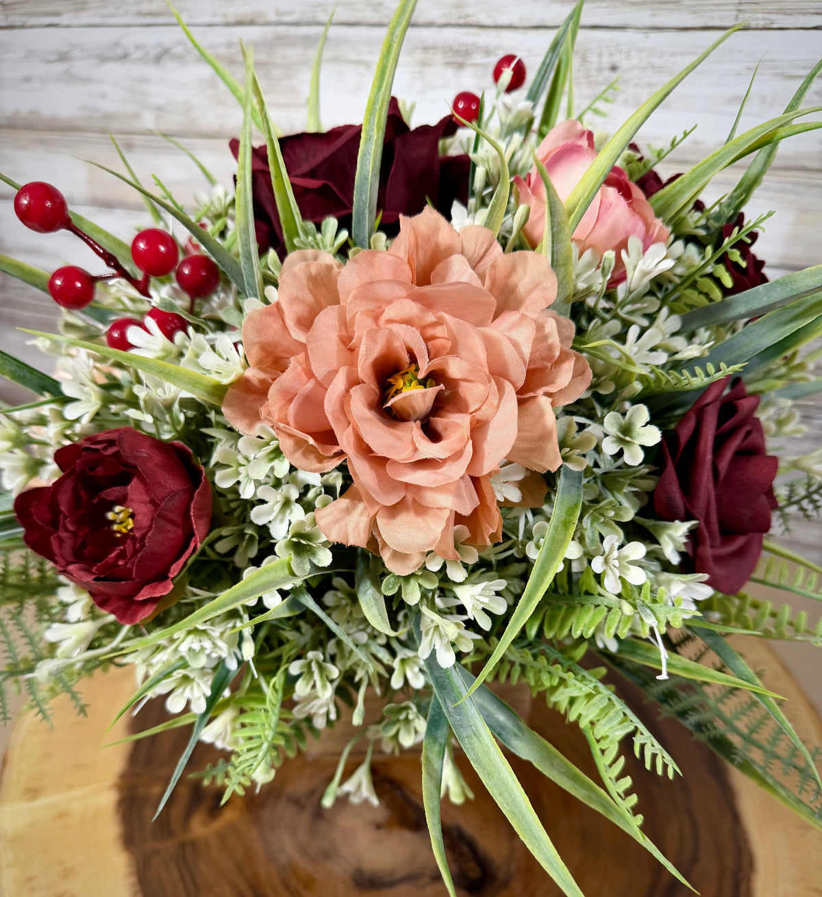 Burgundy & Peach Fall Floral Arrangement | Wooden Container