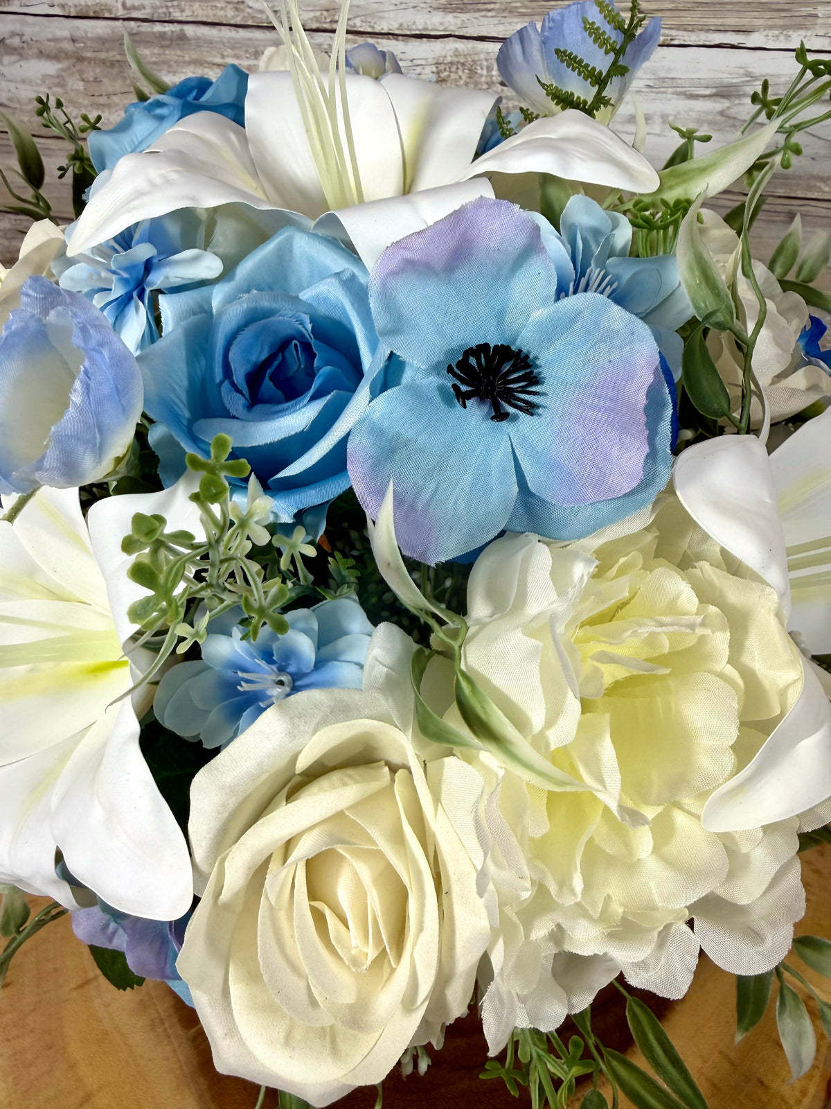 Handmade Floral Arrangement – Blue & White Faux Flowers, Rustic Wooden Barrel