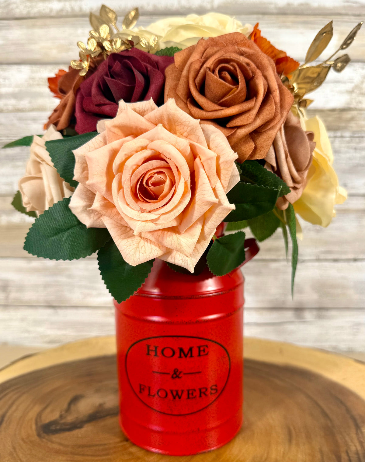 Peach & Burgundy Floral Arrangement in Red Metal Container