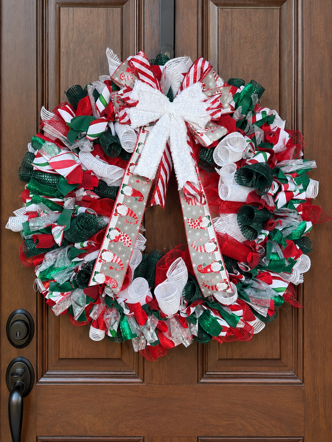 Handmade Christmas Deco Mesh Wreath | Red, Green & White Christmas Door Wreath