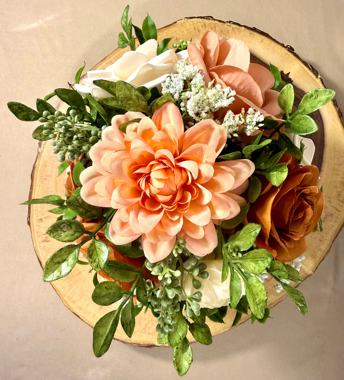 Handmade Floral Arrangement – Cream & Tan Faux Roses, Rustic Wooden Barrel