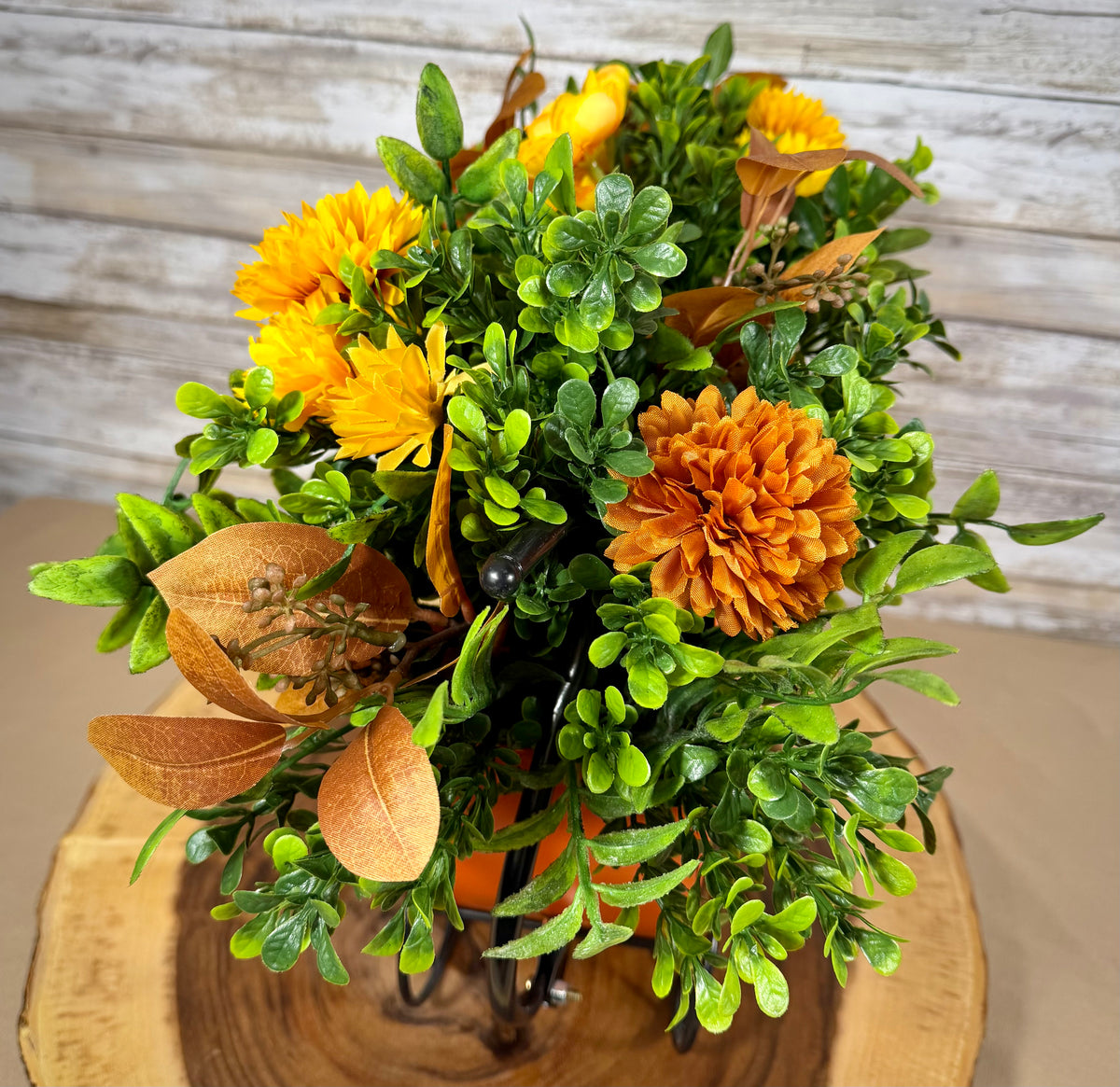 Pumpkin Carriage Fall Floral Arrangement – Orange Artificial Flowers & Greenery