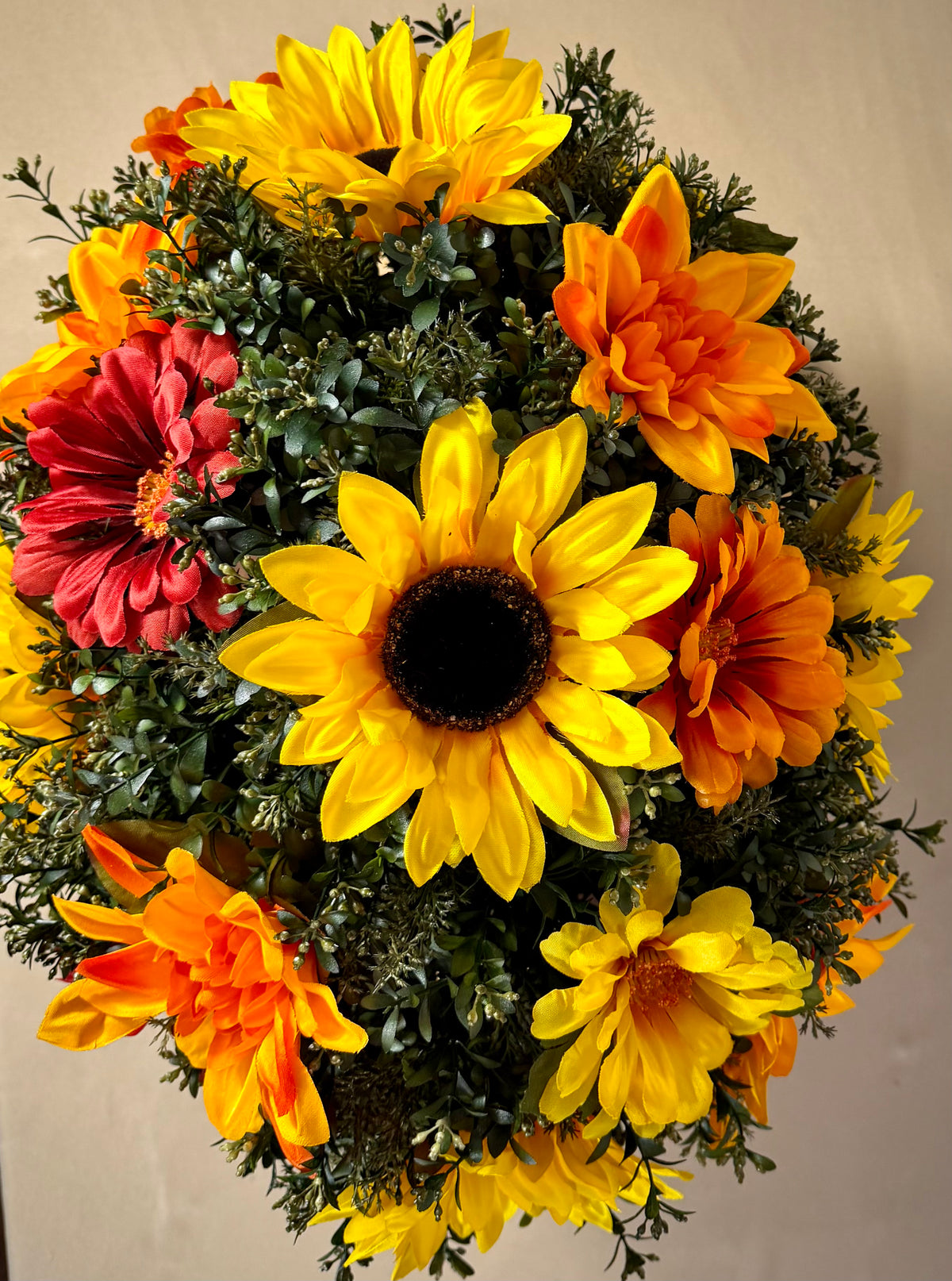 Large Fall Sunflower Arrangement | Orange Flowers & Metal Wheelbarrow