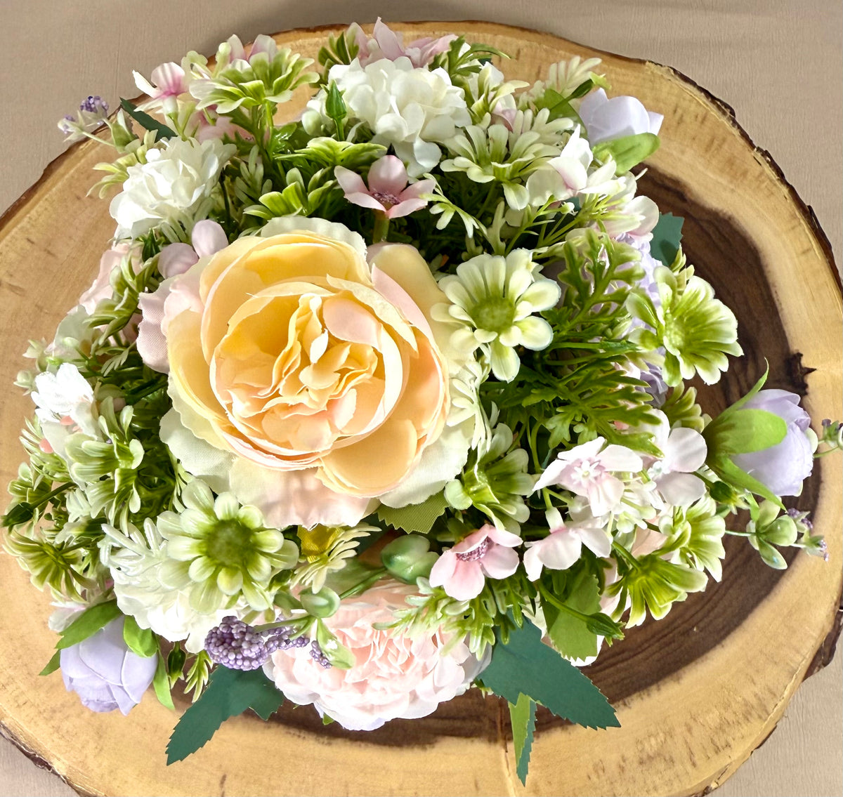 Handmade Floral Arrangement – Blush Pink & Lavender Flowers, Pink Metal Bucket