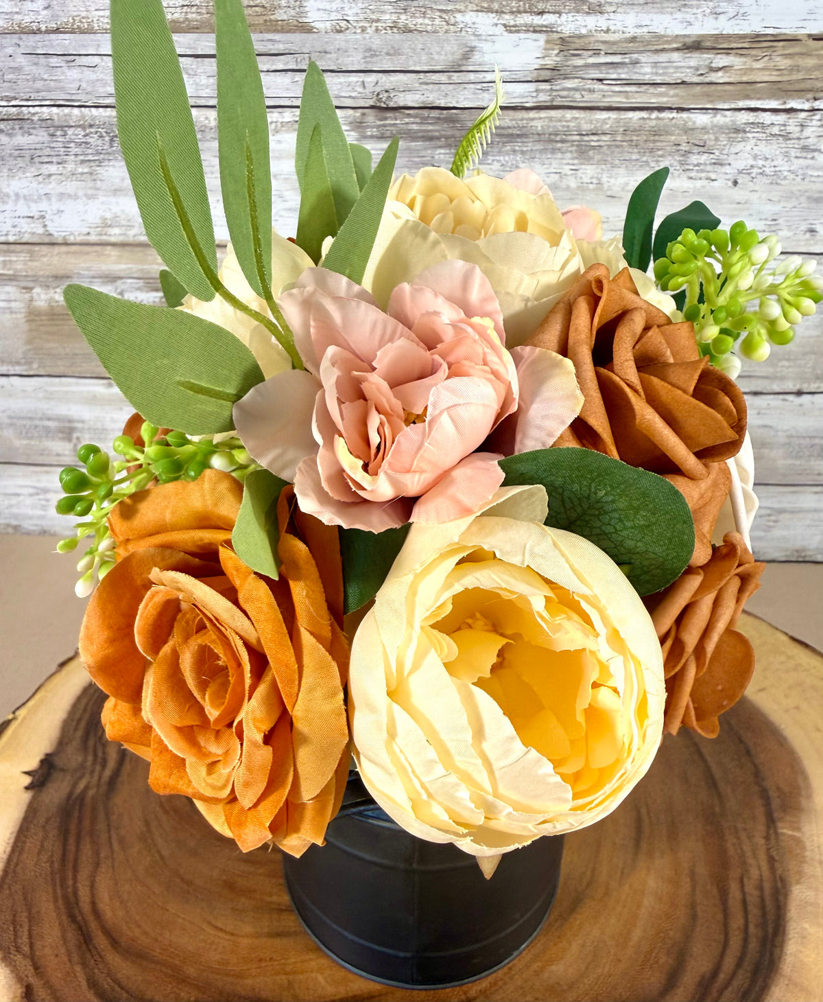 Handmade Floral Arrangement – Cream & Blush Roses, Black Metal Milk Can