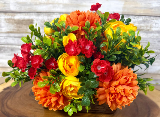Orange & Yellow Handmade Floral Arrangement – Rustic Wooden Base
