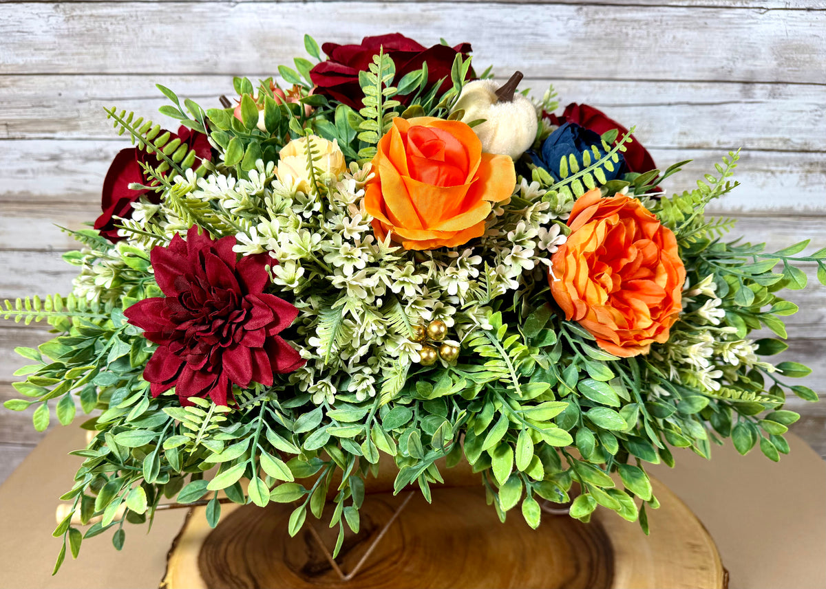 Large Fall Floral Arrangement | Orange Roses & Burgundy Dahlia Wheelbarrow