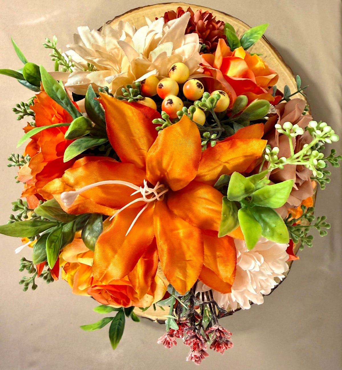 Orange & Yellow Floral Arrangement in Teal Metal Bucket