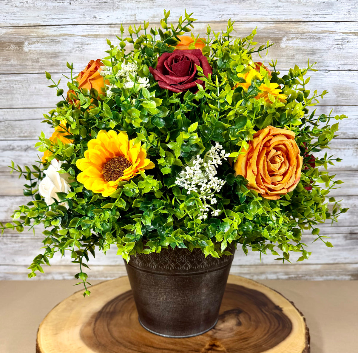 Large Fall Sunflower & Rose Arrangement | Metal Bucket