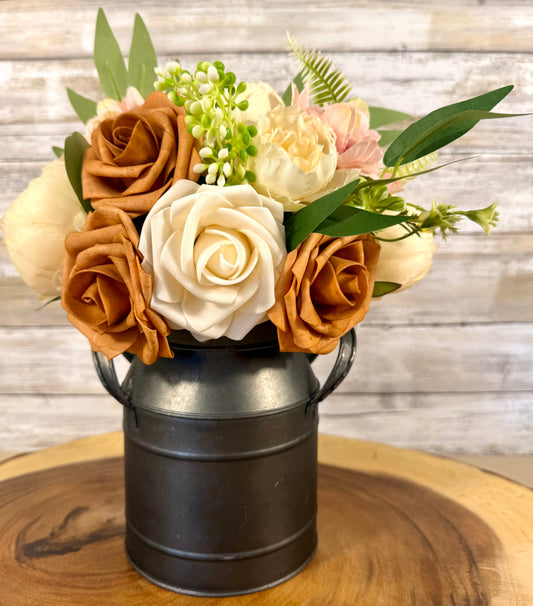 Handmade Floral Arrangement – Cream & Blush Roses, Black Metal Milk Can