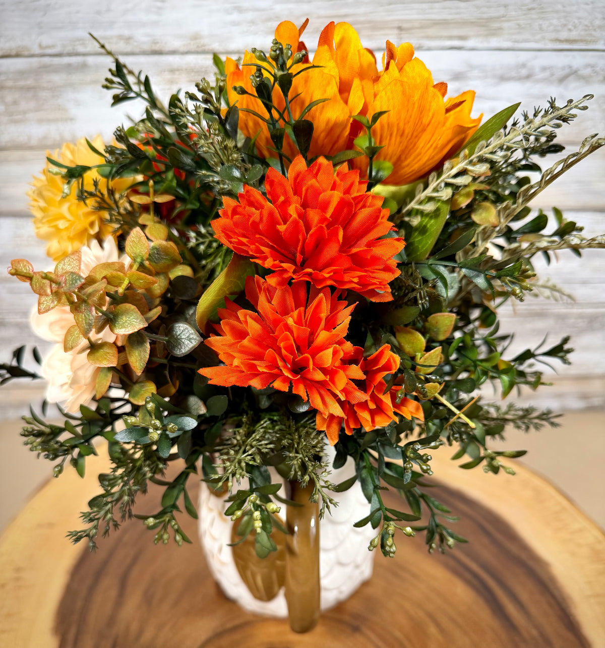 Fall Owl Floral Arrangement – Orange & Cream Artificial Flowers