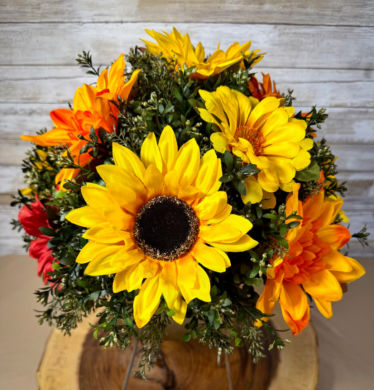 Large Fall Sunflower Arrangement | Orange Flowers & Metal Wheelbarrow