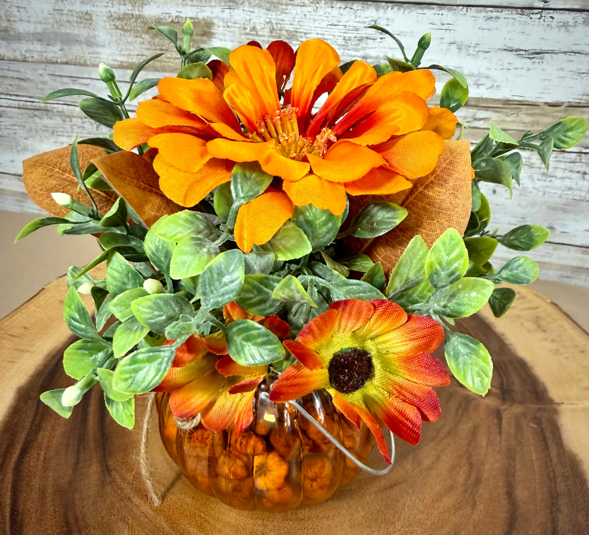 Small Fall Pumpkin Floral Arrangement – Orange & Rust Autumn Flowers