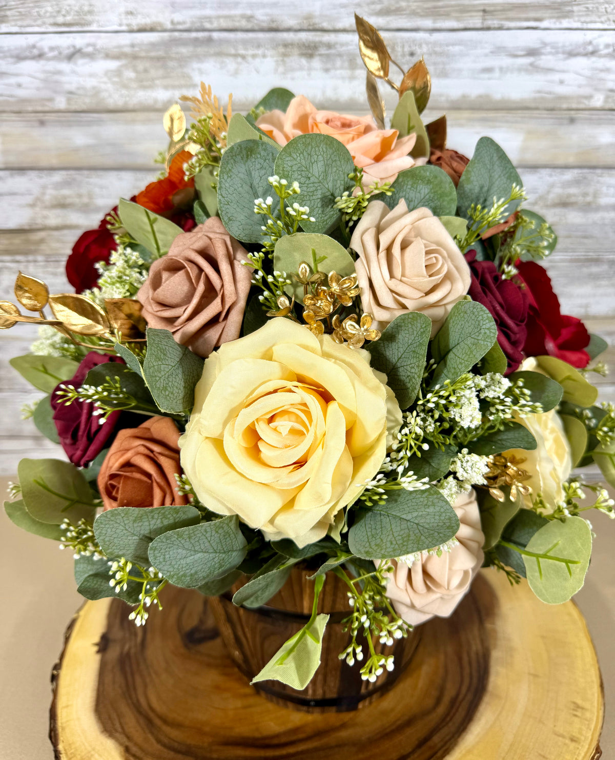 Burgundy & Cream Fall Floral Arrangement in Wooden Barrel