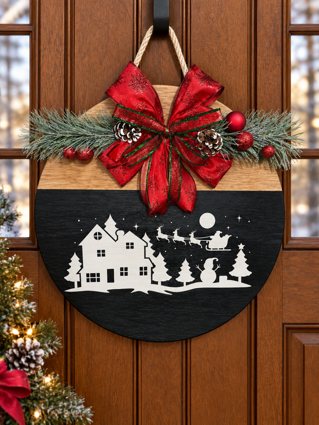Rustic Christmas Village Door Sign | Santa Sleigh Wood Door Hanger | Farmhouse Christmas Decor