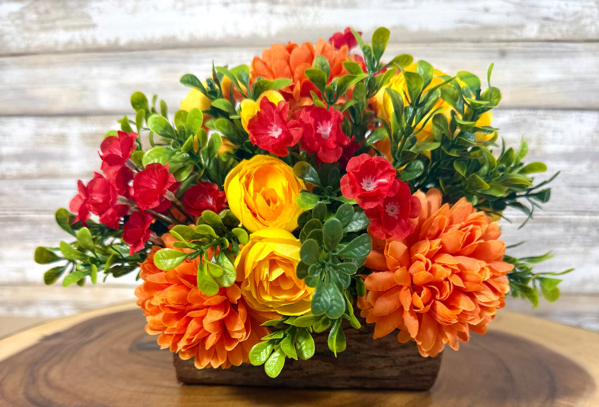 Orange & Yellow Handmade Floral Arrangement – Rustic Wooden Base