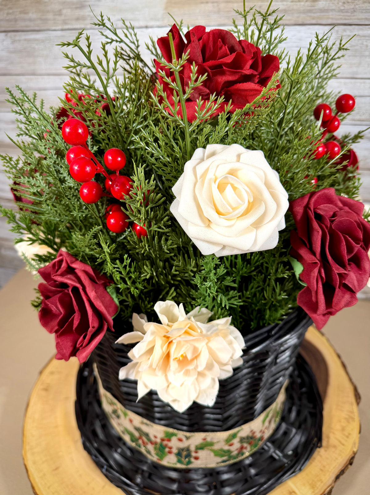 Christmas Rose Floral Arrangement | Red & White Holiday Centerpiece