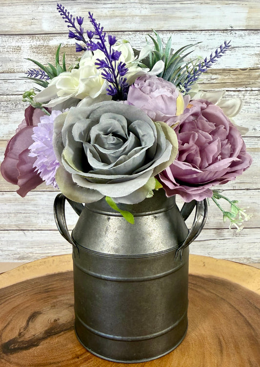 Handmade Floral Arrangement – Lavender, White & Green Flowers, Galvanized Milk Can