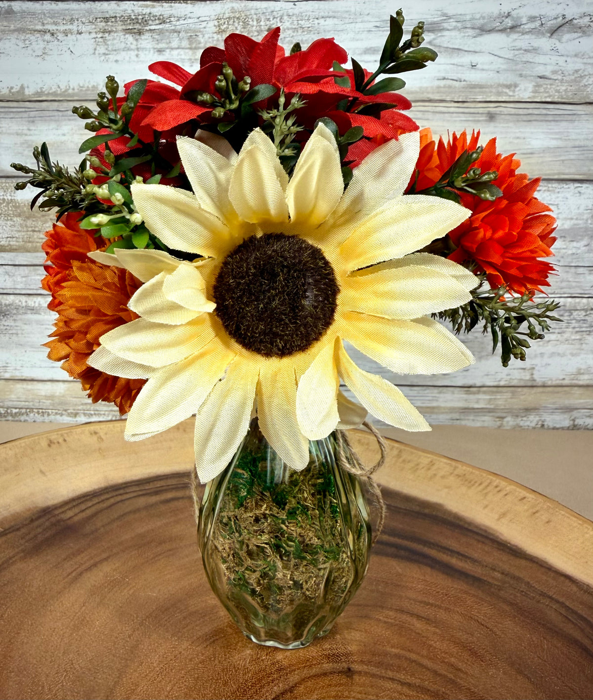 Small Fall Floral Arrangement | Red Gerber Daisy & White Sunflowers