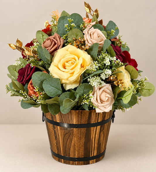 Burgundy & Cream Fall Floral Arrangement in Wooden Barrel
