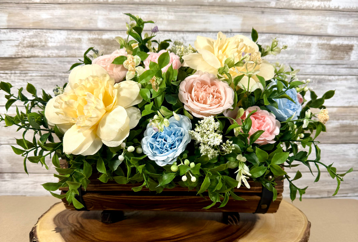 Handmade Floral Arrangement – Pastel Peonies & Garden Roses, Rustic Wooden Crate