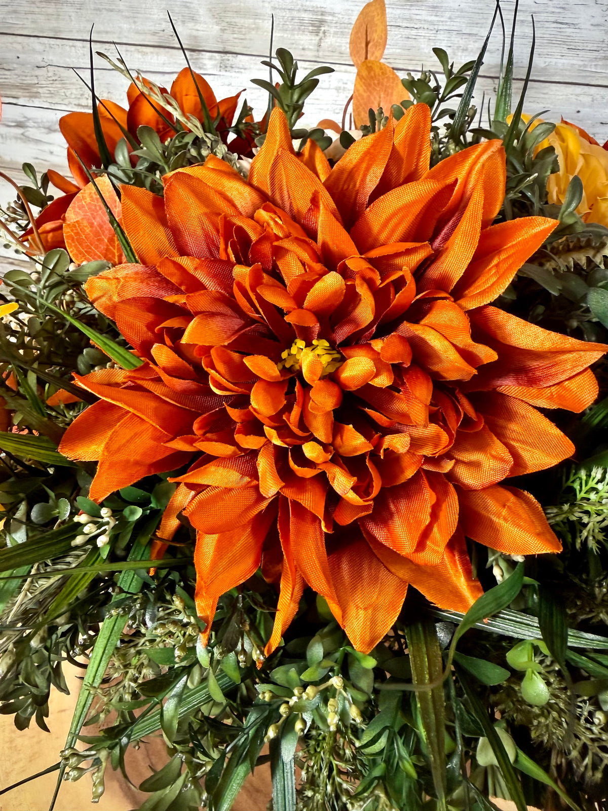 Fall Chrysanthemum Arrangement | Orange & Yellow Wheelbarrow