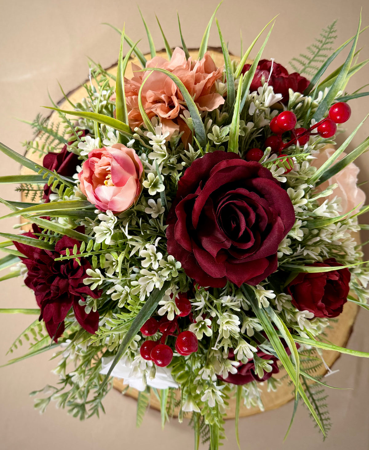 Burgundy & Peach Fall Floral Arrangement | Wooden Container