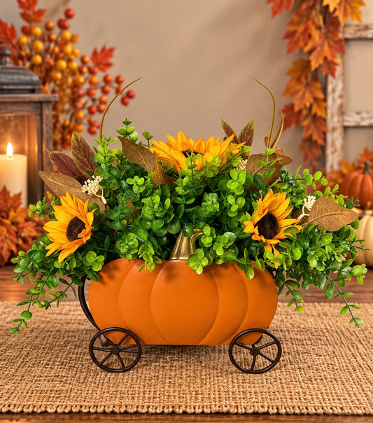 Fall Pumpkin Carriage Floral Arrangement – Sunflower & Autumn Centerpiece