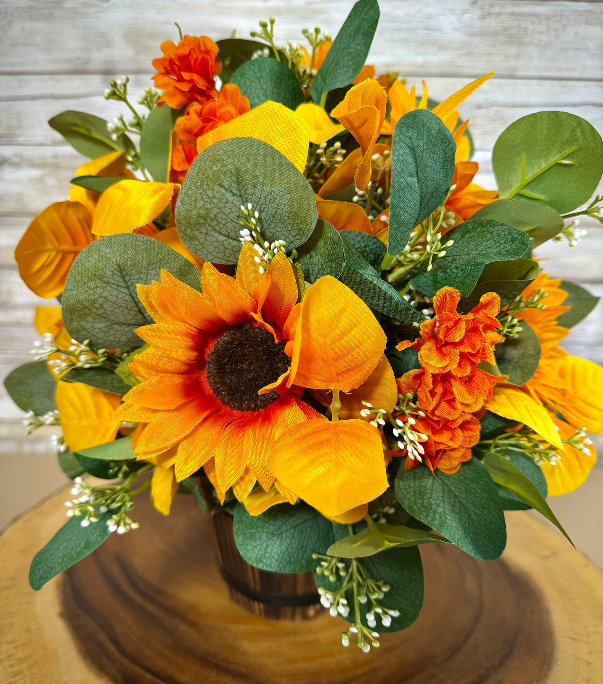 Fall Floral Arrangement | Rustic Mini Barrel with Sunflowers
