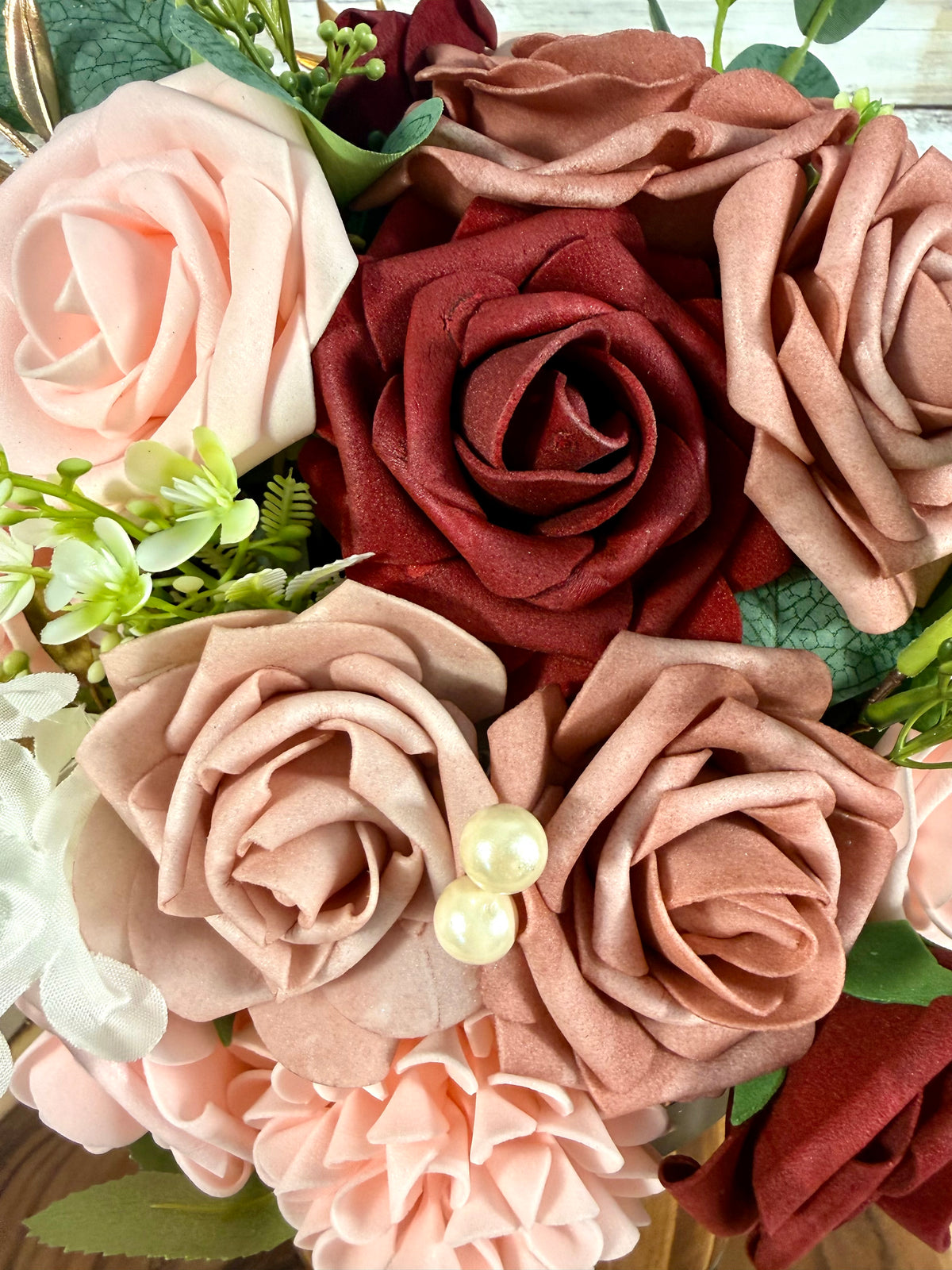 Handmade Floral Arrangement – Blush Pink & Burgundy Roses, Rustic Wooden Barrel