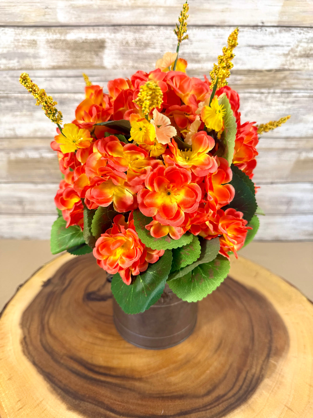 Fall Floral Arrangement, Orange Yellow Faux Flowers, Rustic Metal Bucket, Farmhouse Fall Decor