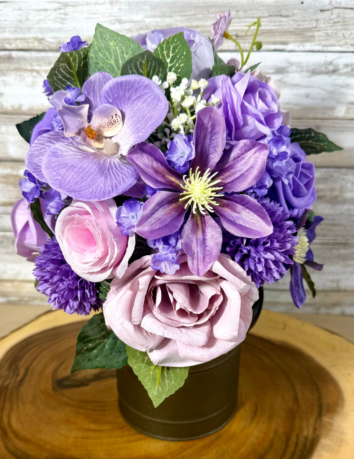 Lavender Purple Floral Arrangement in Black Metal Container