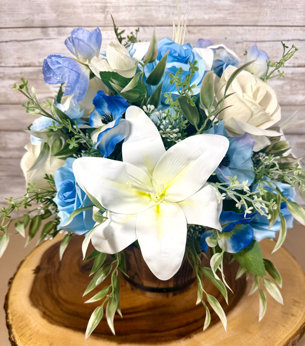 Handmade Floral Arrangement – Blue & White Faux Flowers, Rustic Wooden Barrel